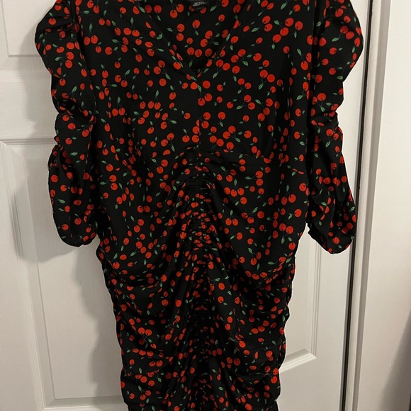 HALF SLEEVE V NECK CHERRY RUSHED DRESS - Picture 3 of 5